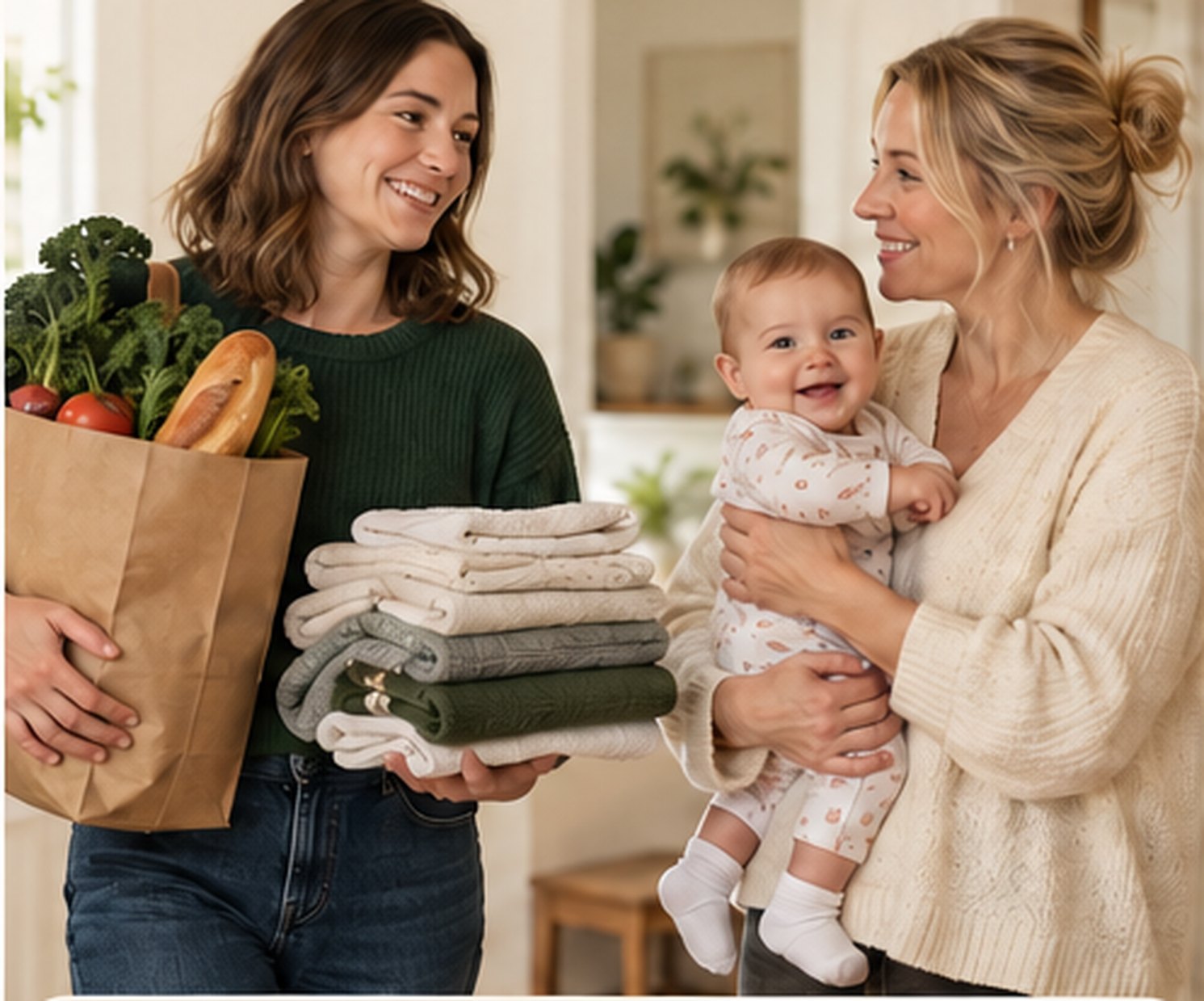 A helper arriving with groceries and fresh laundry while a mother holds her baby